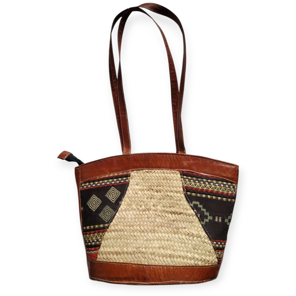 Vintage Boho Woven Straw Bag With Leather And Tapestry Market Bag